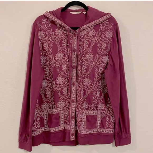 Soft Surroundings Burgundy Embroidered Button-Front Hooded Cotton Jacket Medium - Picture 3 of 7